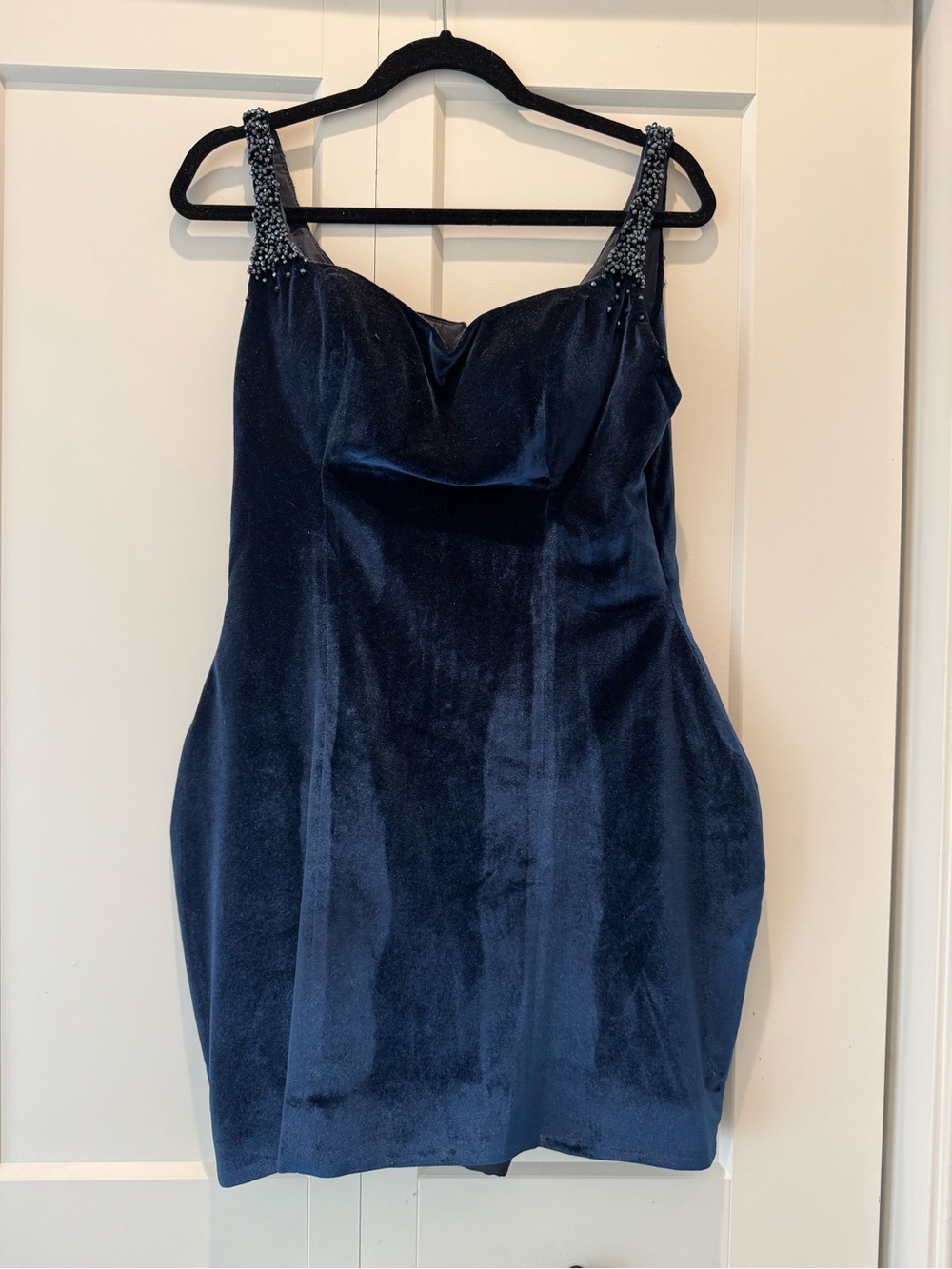 Navy Velvet Beaded Strap Mini Dress